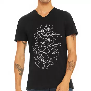 V-Neck Floral Line Face Tee: Minimal Outline Art